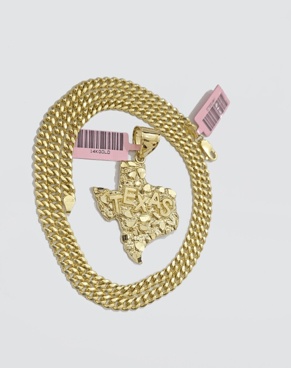 14k Yellow Gold Miami Cuban Chain 20 Inch Necklace Texas Map Charm Pendant Real - GoldenlinQ