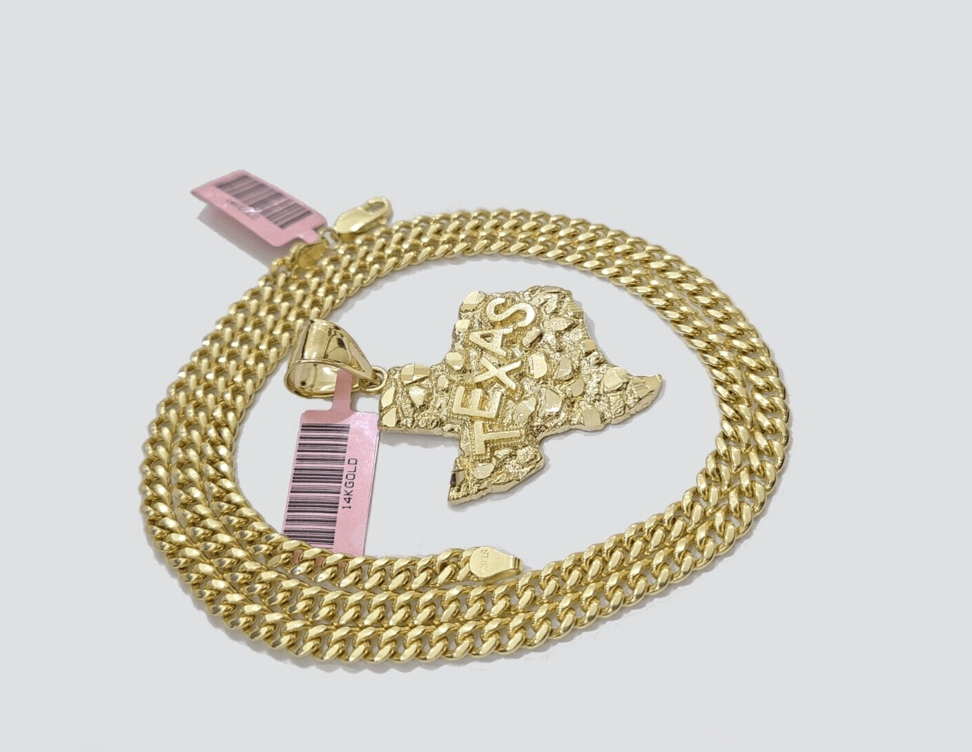 14k Yellow Gold Miami Cuban Chain 22 Inch Necklace Texas Map Charm Pendant Real - GoldenlinQ
