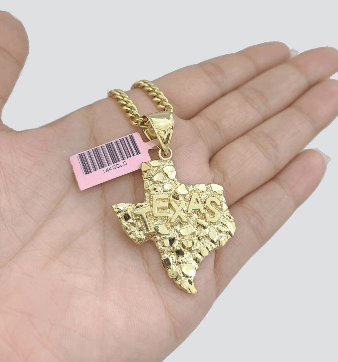 14k Yellow Gold Miami Cuban Chain 22 Inch Necklace Texas Map Charm Pendant Real - GoldenlinQ