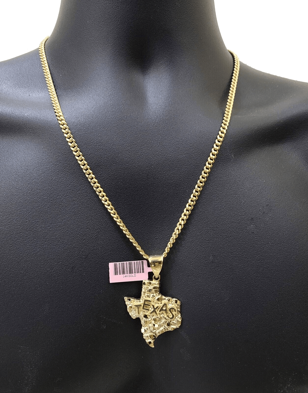 14k Yellow Gold Miami Cuban Chain 22 Inch Necklace Texas Map Charm Pendant Real - GoldenlinQ