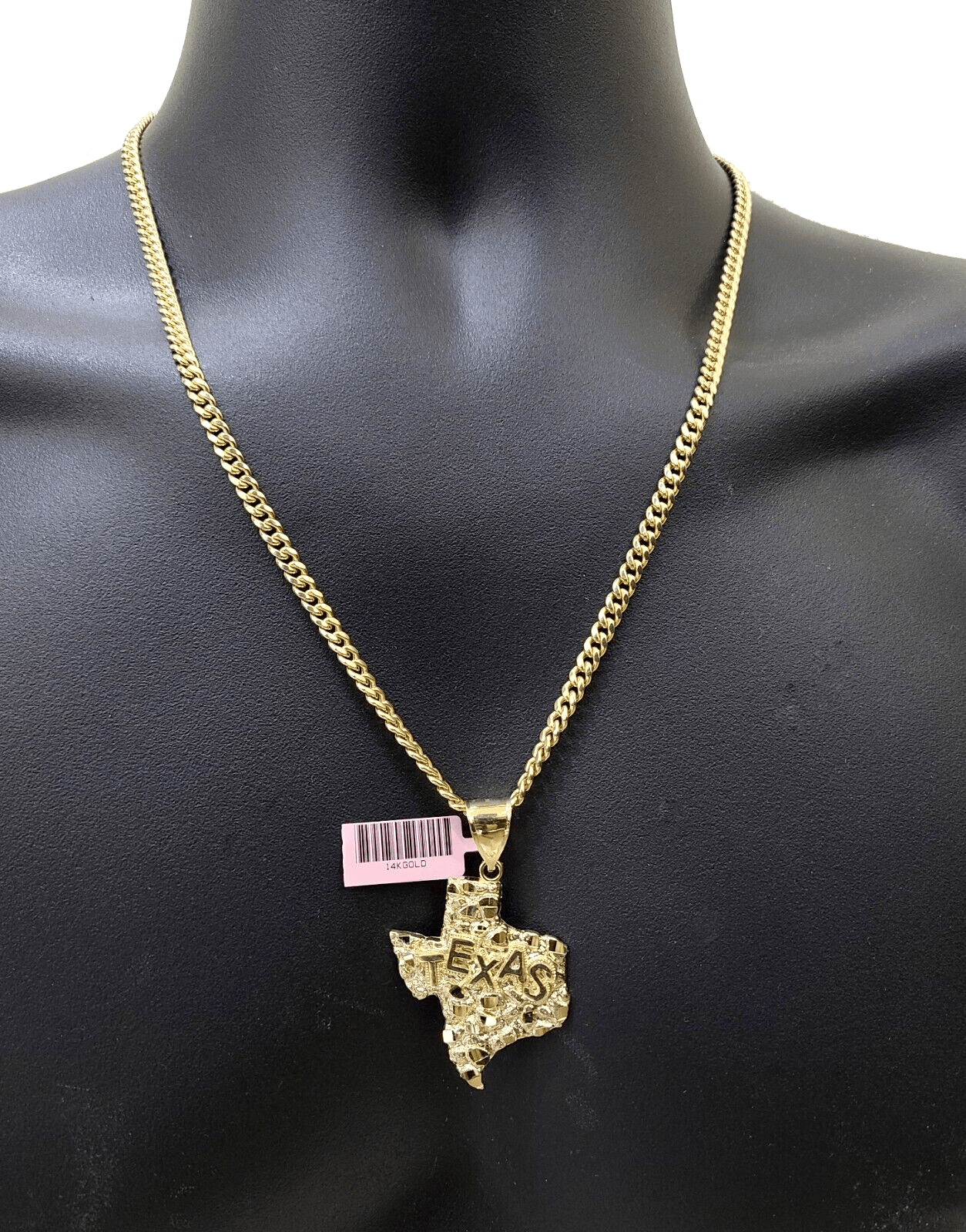 14k Yellow Gold Miami Cuban Chain 26 Inch Necklace Texas Map Charm Pendant Real - GoldenlinQ