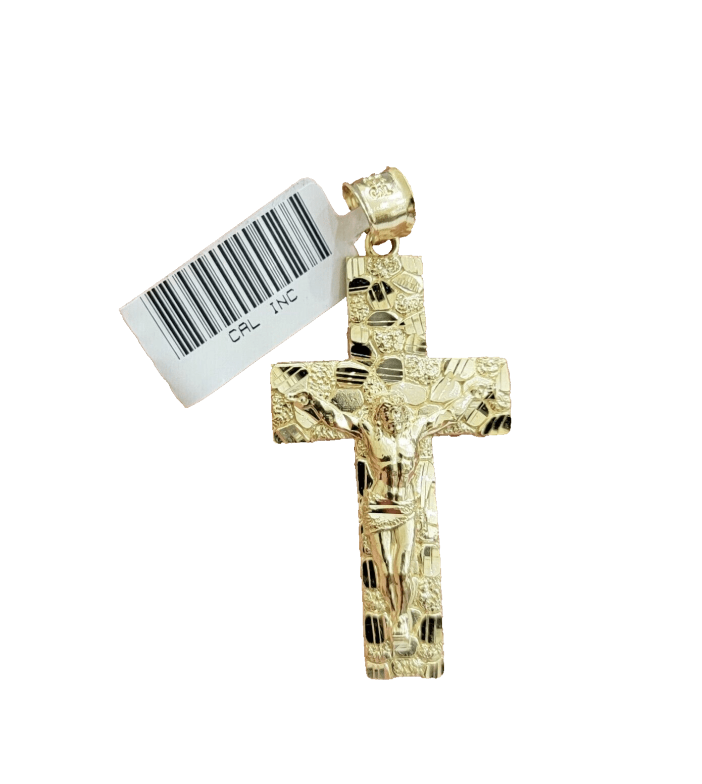 14k Yellow Gold Nugget Jesus Cross Charm Pendant 2'' inches Real 14kt SALE Chain - GoldenlinQ