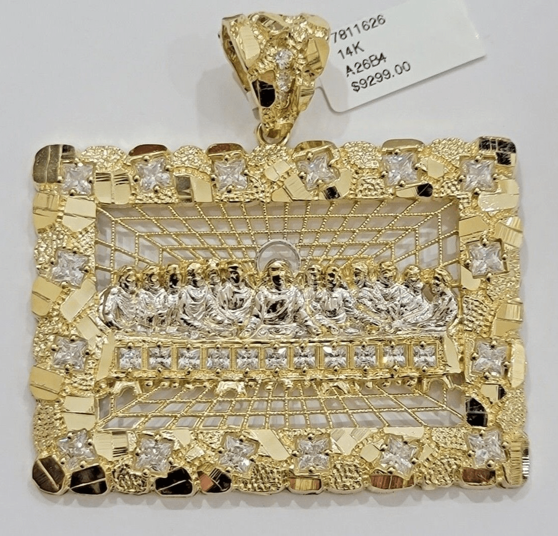 14k Yellow Gold Pendant Nugget Last Supper Charm Medallion Square REAL 14KT Mens - GoldenlinQ