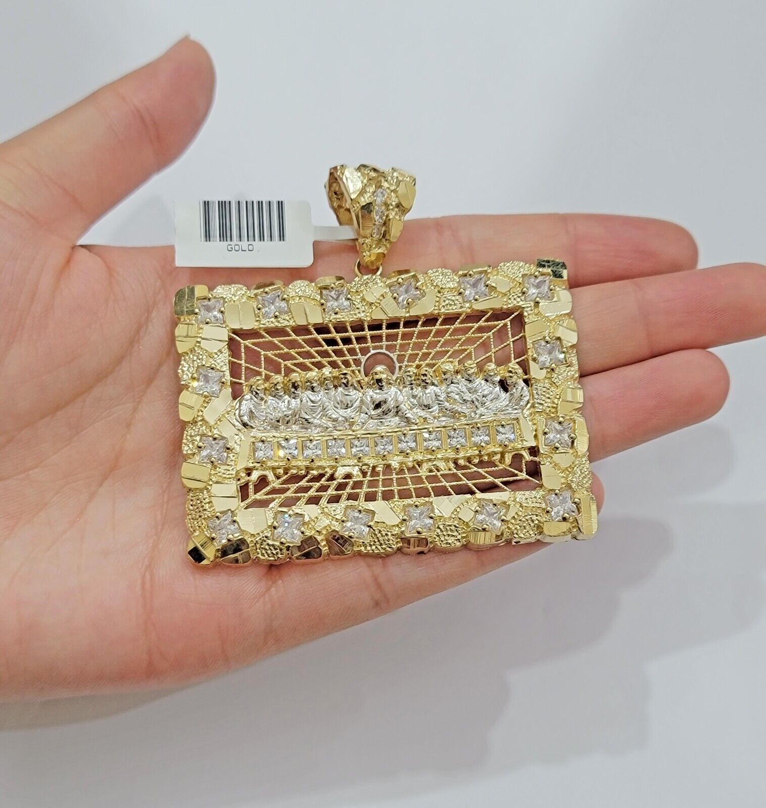 14k Yellow Gold Pendant Nugget Last Supper Charm Medallion Square REAL 14KT Mens - GoldenlinQ