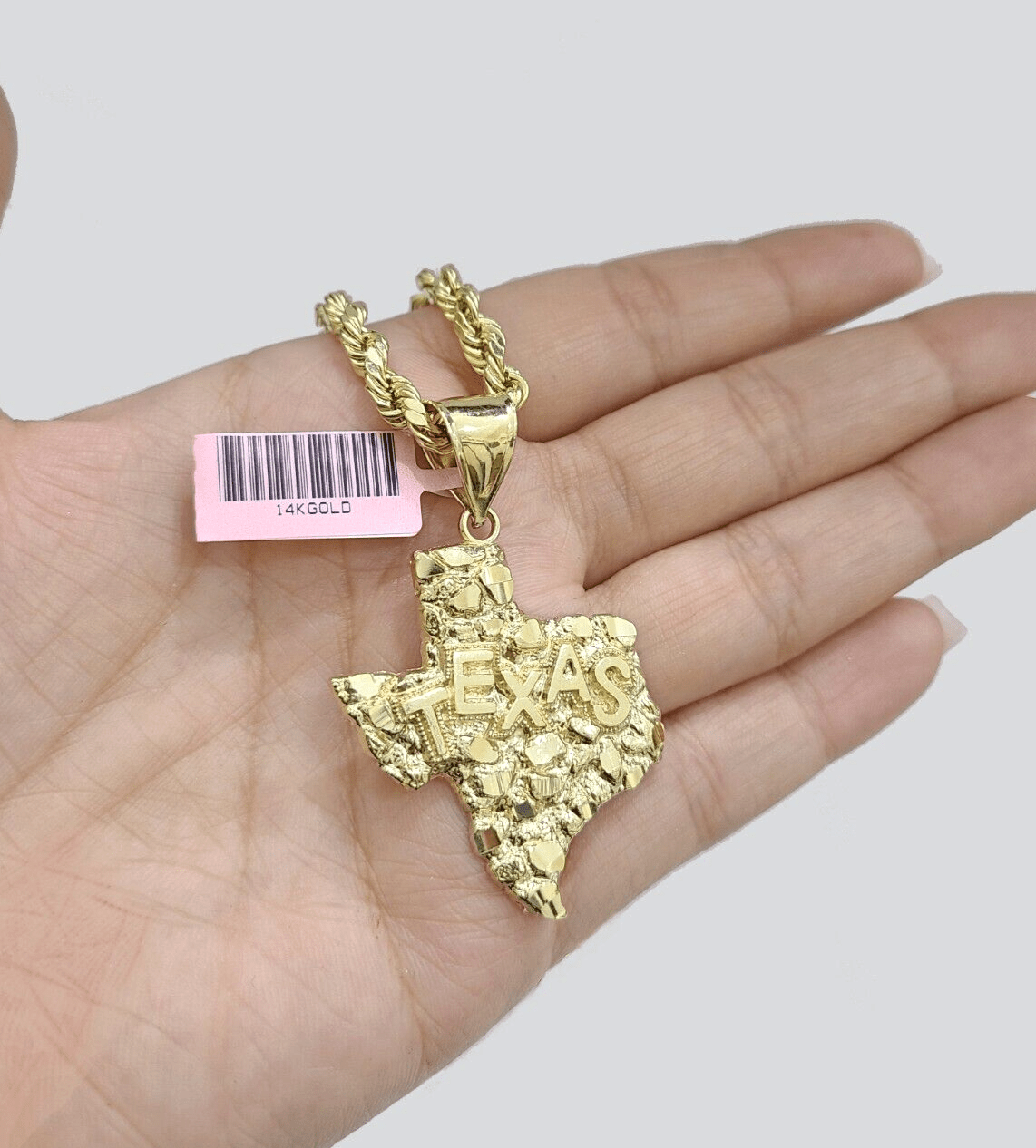 14k Yellow Gold Rope Chain 24'' Inch Necklace Texas Map Charm Pendant Real 14kt - GoldenlinQ