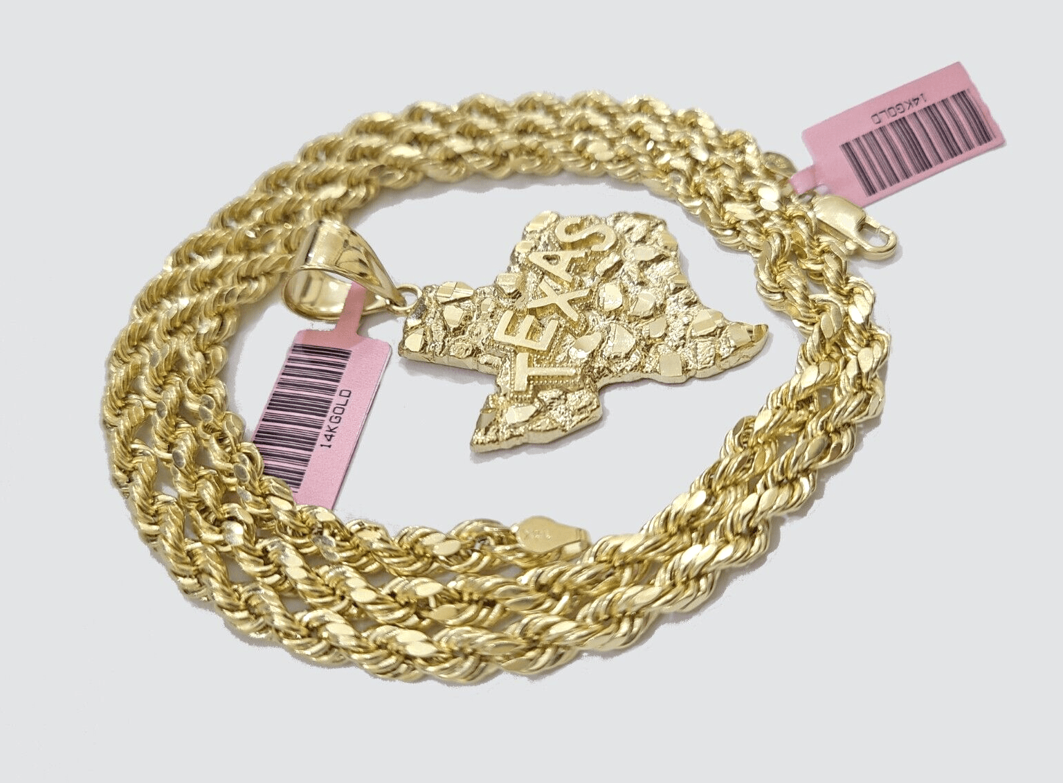 14k Yellow Gold Rope Chain 24'' Inch Necklace Texas Map Charm Pendant Real 14kt - GoldenlinQ