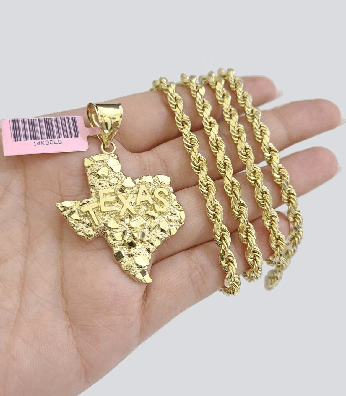 14k Yellow Gold Rope Chain 26'' Inch Necklace Texas Map Charm Pendant Real 14kt - GoldenlinQ