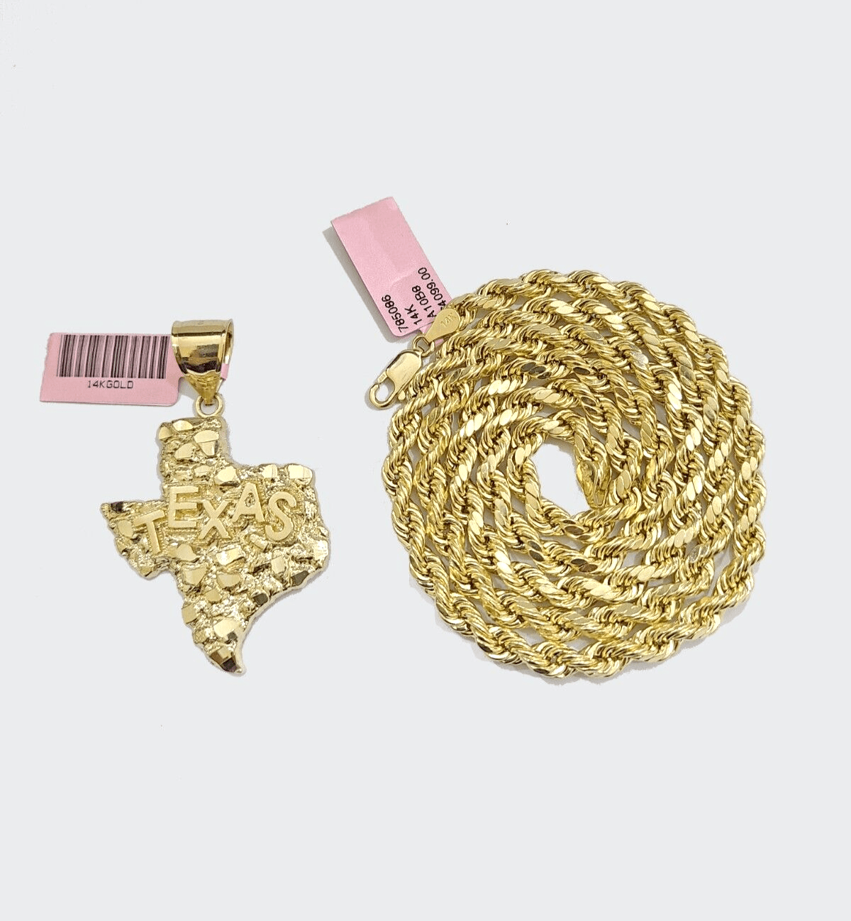 14k Yellow Gold Rope Chain 26'' Inch Necklace Texas Map Charm Pendant Real 14kt - GoldenlinQ