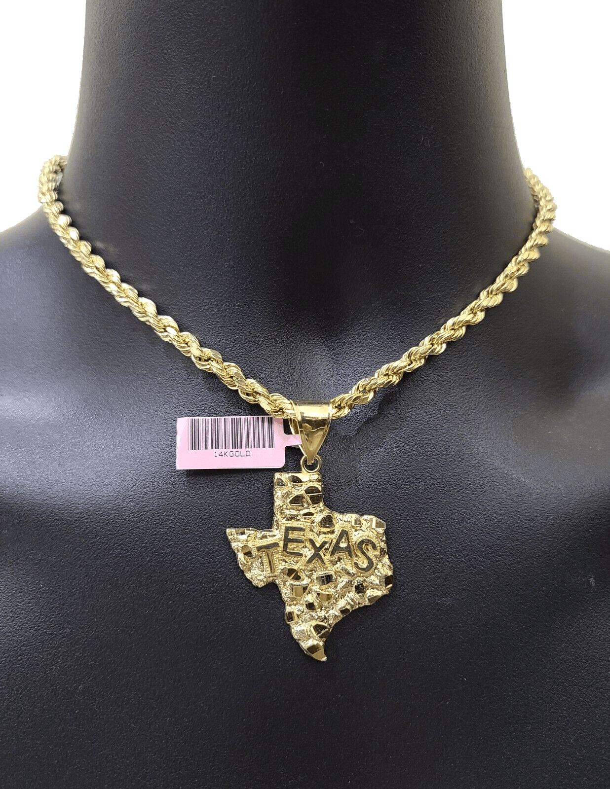 14k Yellow Gold Rope Chain 26'' Inch Necklace Texas Map Charm Pendant Real 14kt - GoldenlinQ