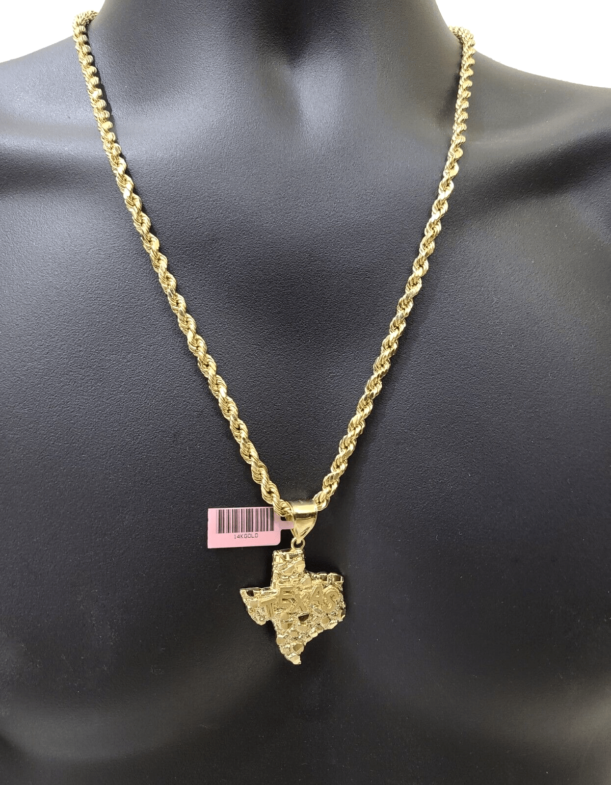 14k Yellow Gold Rope Chain 30'' Inch Necklace Texas Map Charm Pendant Real 14kt - GoldenlinQ