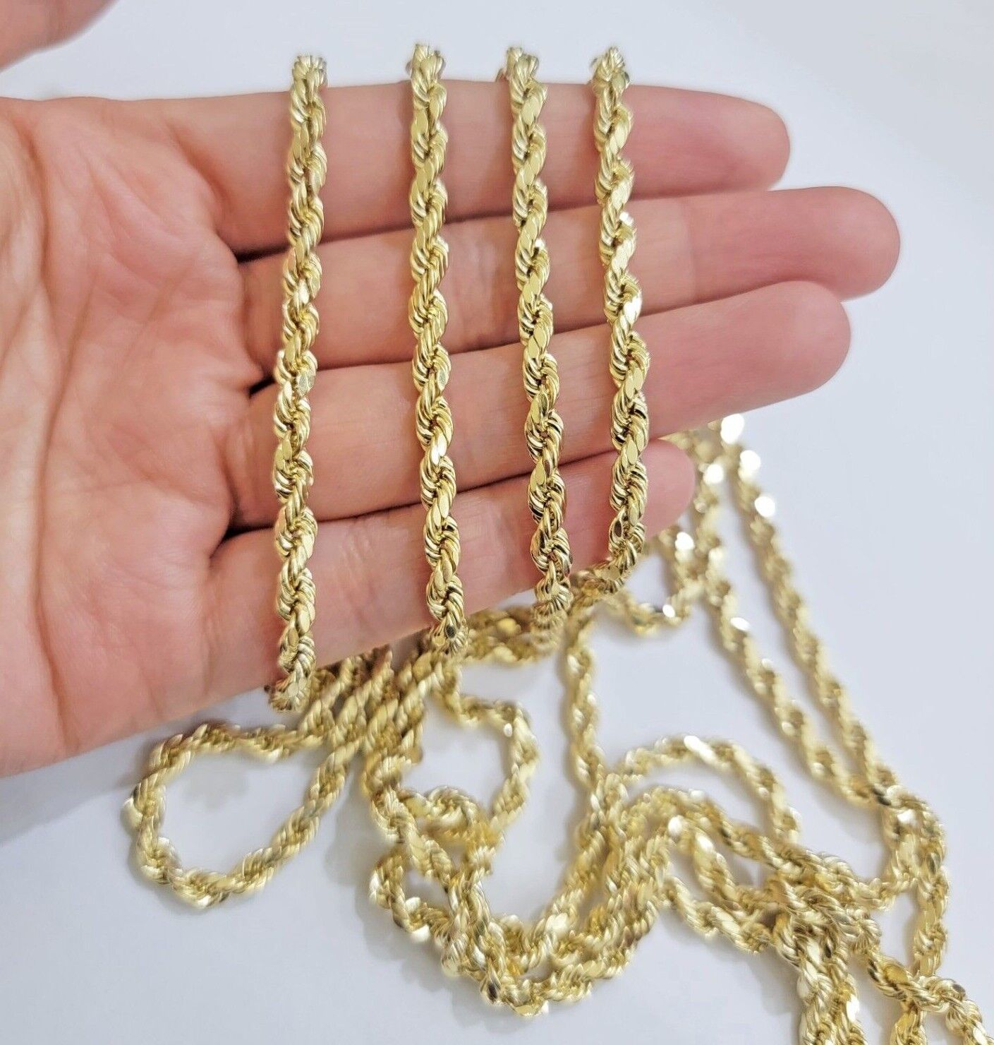 14k Yellow Gold Rope Chain Necklace 20 Inch 4mm Diamond Cut, Real 14kt SOLID - GoldenlinQ