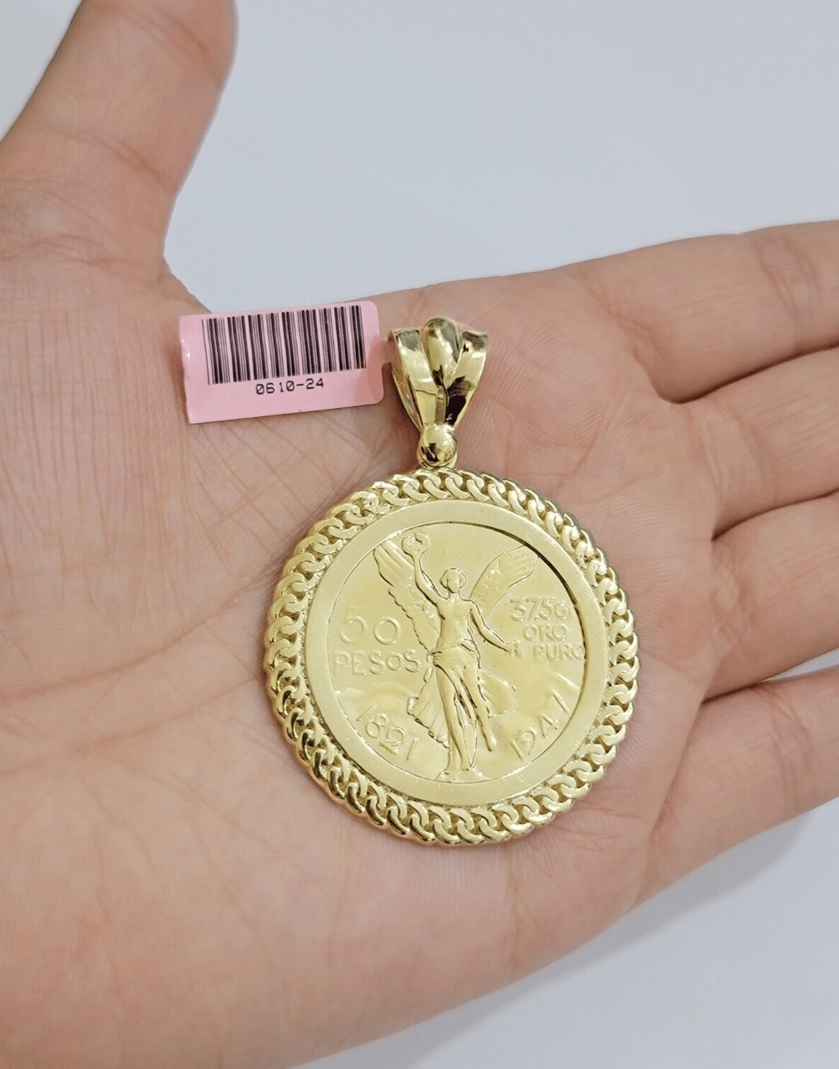 14kt Yellow Gold 1947 Mexican Centenario 50 Gold Pesos Copy Coin With Bezel SALE - GoldenlinQ