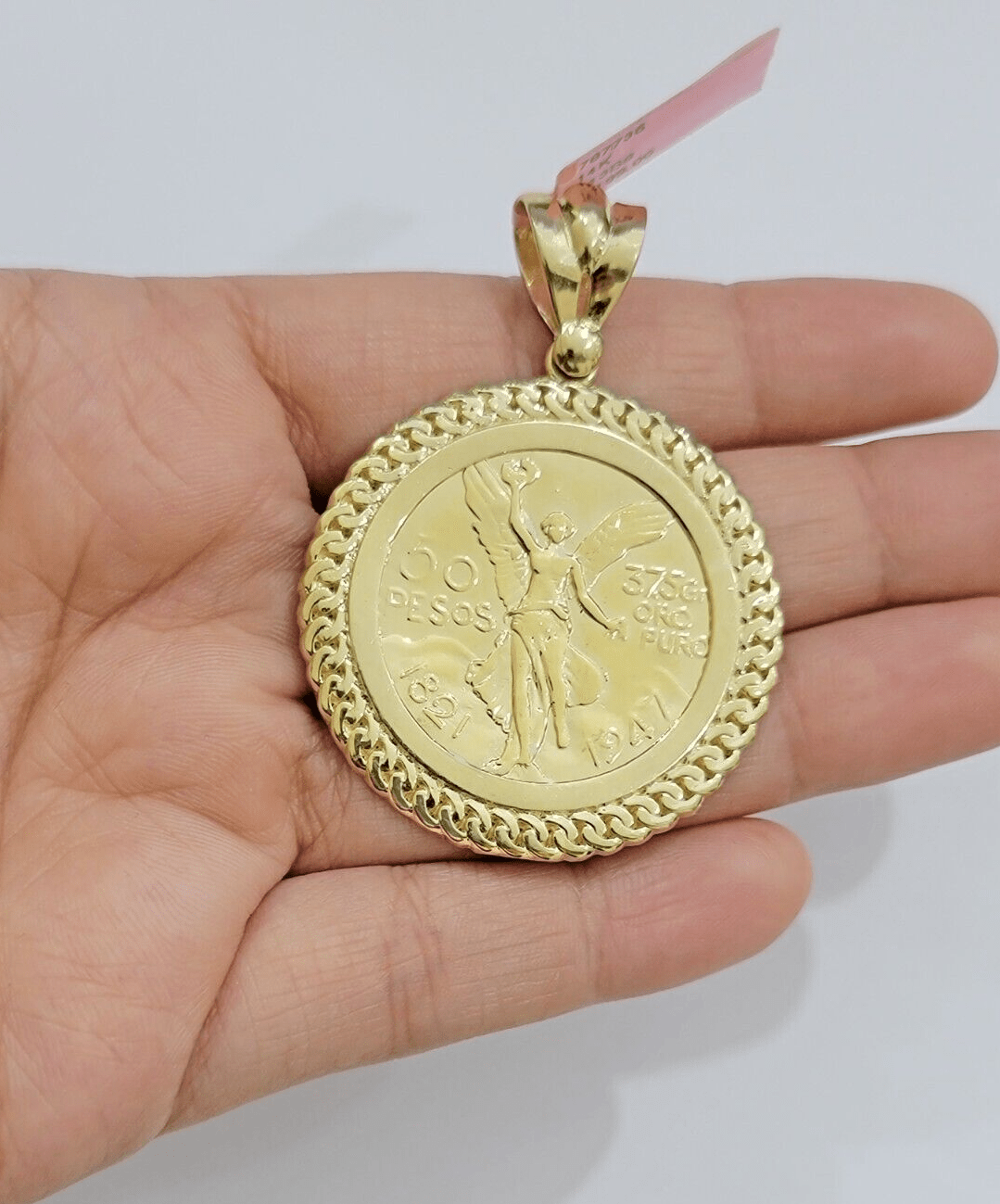 14kt Yellow Gold 1947 Mexican Centenario 50 Gold Pesos Copy Coin With Bezel SALE - GoldenlinQ