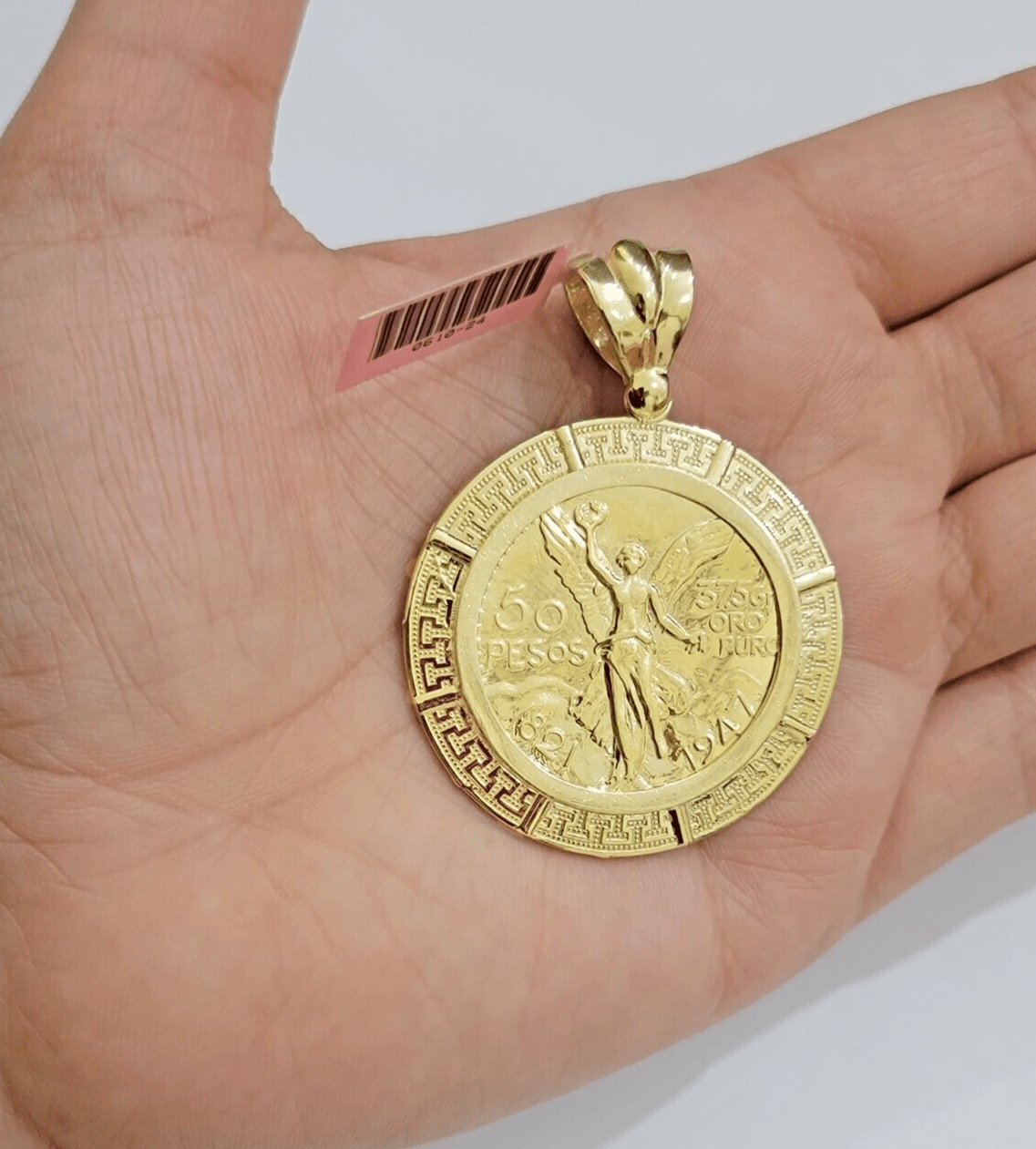 14kt Yellow Gold 1947 Mexican Centenario 50 Gold Pesos Copy Coin With Bezel SALE - GoldenlinQ