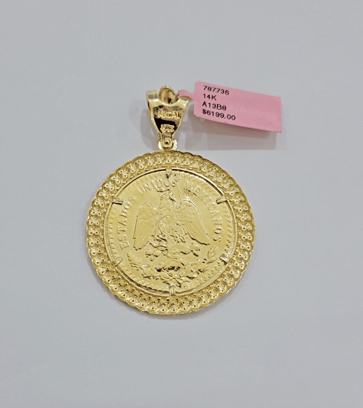 14kt Yellow Gold 1947 Mexican Centenario 50 Gold Pesos Copy Coin With Bezel SALE - GoldenlinQ