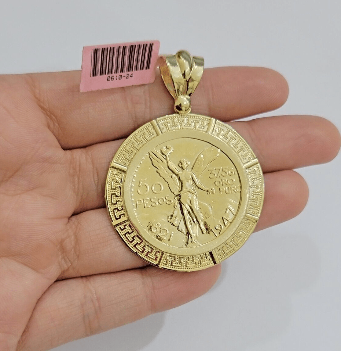 14kt Yellow Gold 1947 Mexican Centenario 50 Gold Pesos Copy Coin With Bezel SALE - GoldenlinQ