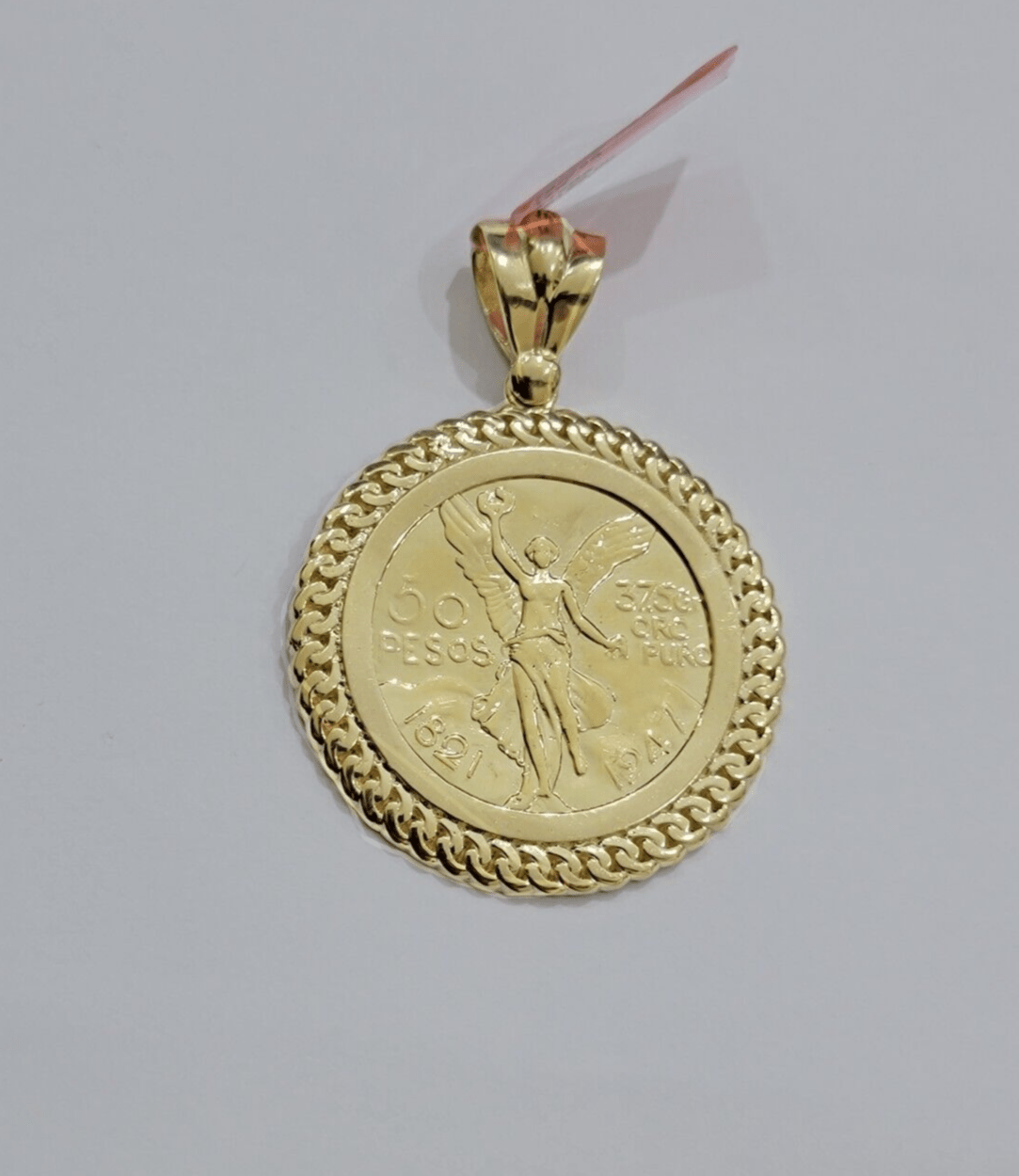 14kt Yellow Gold 1947 Mexican Centenario 50 Gold Pesos Copy Coin With Bezel SALE - GoldenlinQ