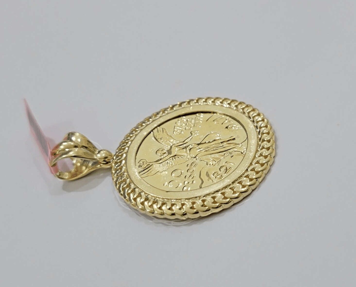 14kt Yellow Gold 1947 Mexican Centenario 50 Gold Pesos Copy Coin With Bezel SALE - GoldenlinQ