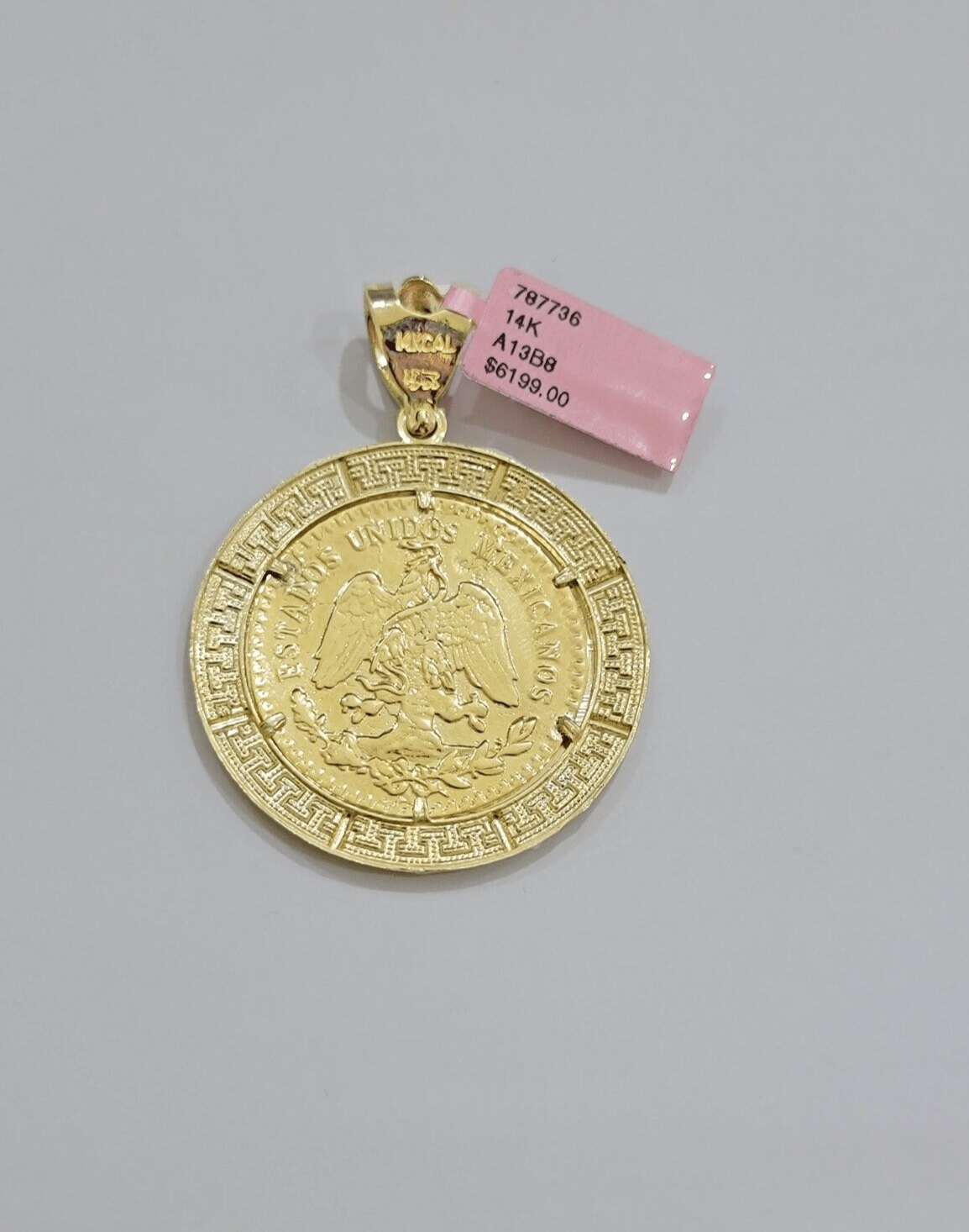 14kt Yellow Gold 1947 Mexican Centenario 50 Gold Pesos Copy Coin With Bezel SALE - GoldenlinQ