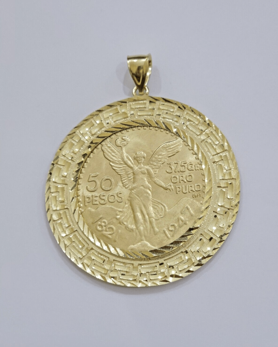 1947 Mexican Centenario 50 Gold Pesos Copy Coin With Bezel Solid 10k Yellow SALE - GoldenlinQ