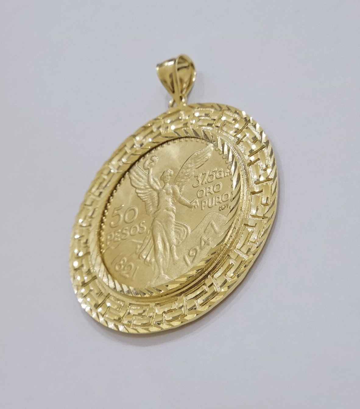 1947 Mexican Centenario 50 Gold Pesos Copy Coin With Bezel Solid 10k Yellow SALE - GoldenlinQ