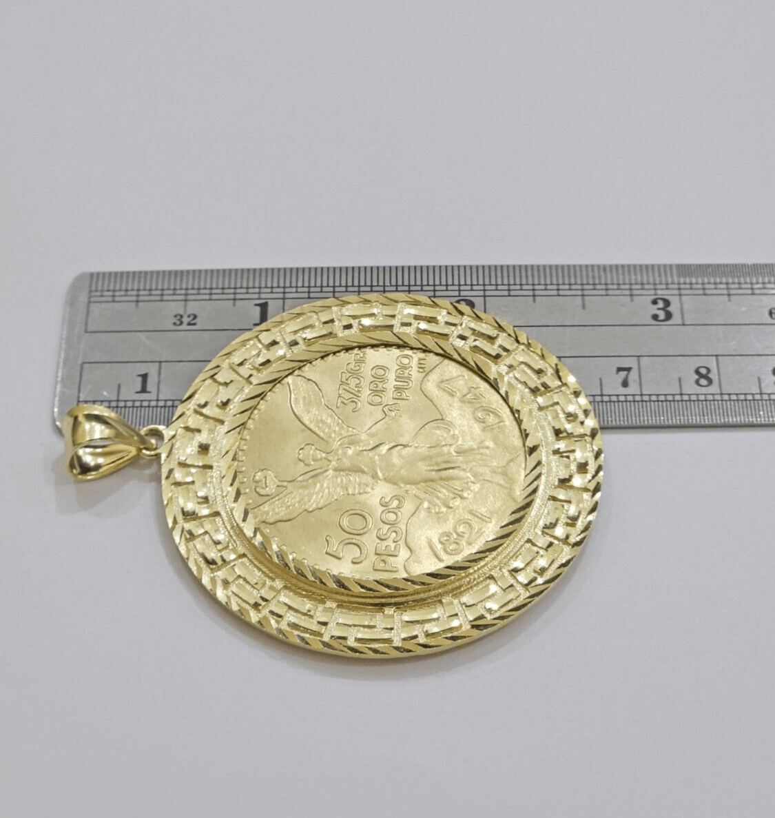 1947 Mexican Centenario 50 Gold Pesos Copy Coin With Bezel Solid 10k Yellow SALE - GoldenlinQ