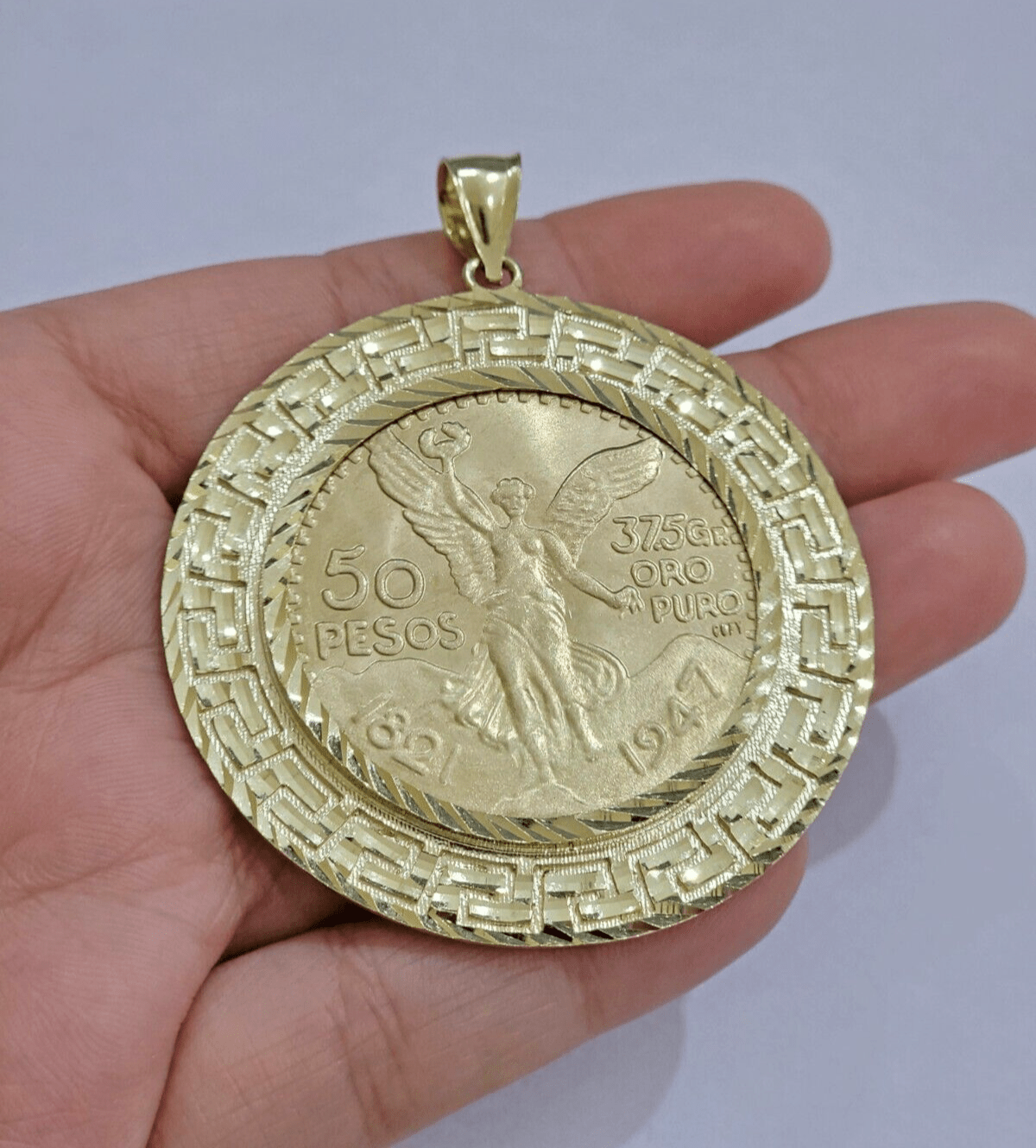 1947 Mexican Centenario 50 Gold Pesos Copy Coin With Bezel Solid 10k Yellow SALE - GoldenlinQ