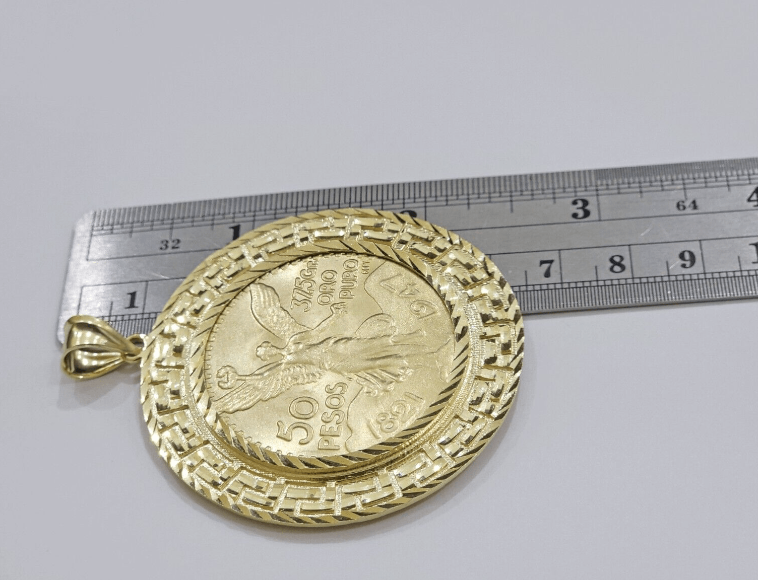 1947 Mexican Centenario 50 Gold Pesos Copy Coin With Bezel Solid 10k Yellow SALE - GoldenlinQ