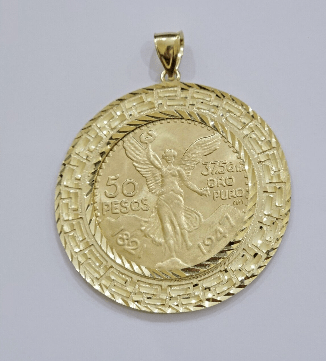 1947 Mexican Centenario Coin Charm Pendant 50 pesos With Bezel Solid 10kt Gold - GoldenlinQ
