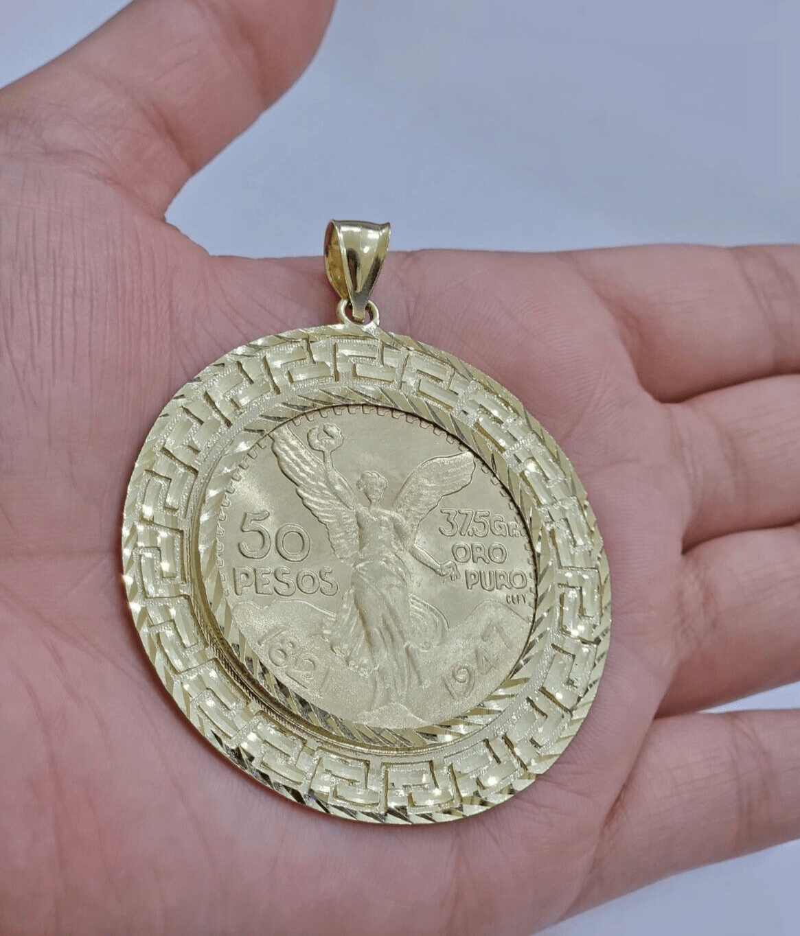 1947 Mexican Centenario Coin Charm Pendant 50 pesos With Bezel Solid 10kt Gold - GoldenlinQ