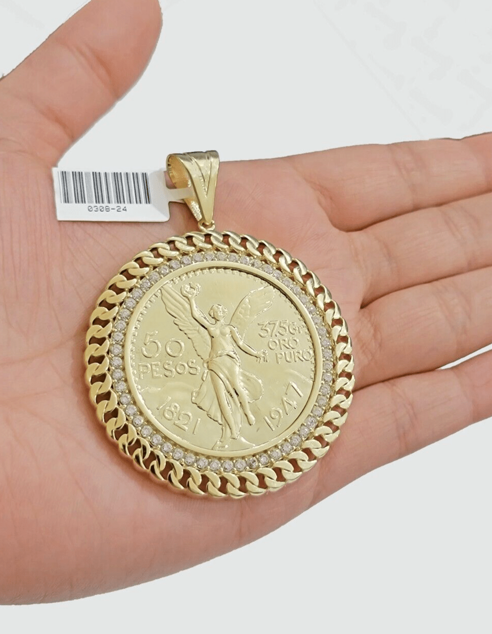 1947 Mexican Centenario Coin Charm Pendant Replica 50 pesos With Bezel 10kt Gold - GoldenlinQ