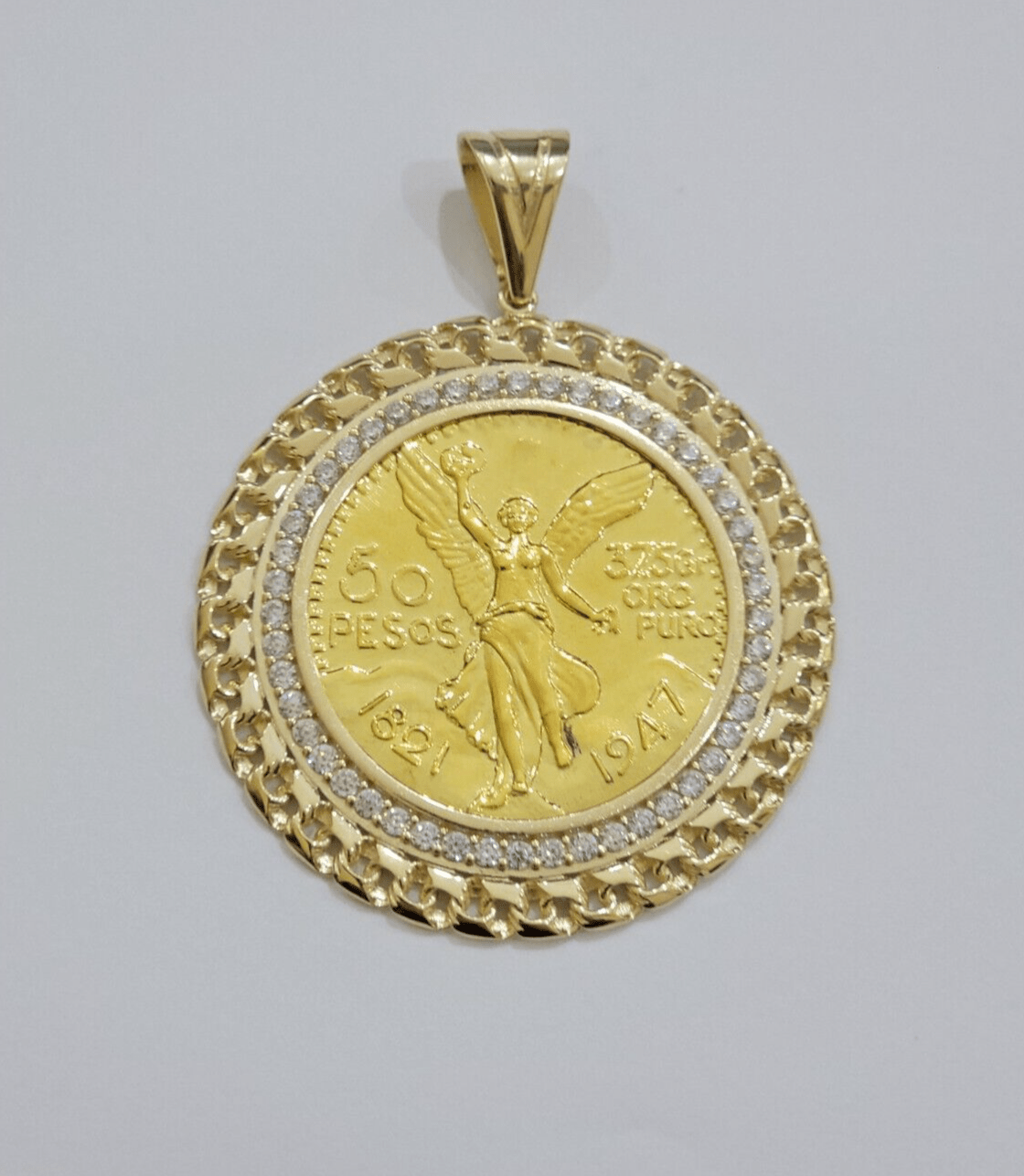1947 Mexican Centenario Coin Charm Pendant Replica 50 pesos With Bezel 10kt Gold - GoldenlinQ
