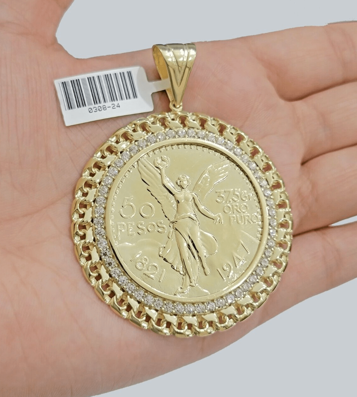 1947 Mexican Centenario Coin Charm Pendant Replica 50 pesos With Bezel 10kt Gold - GoldenlinQ