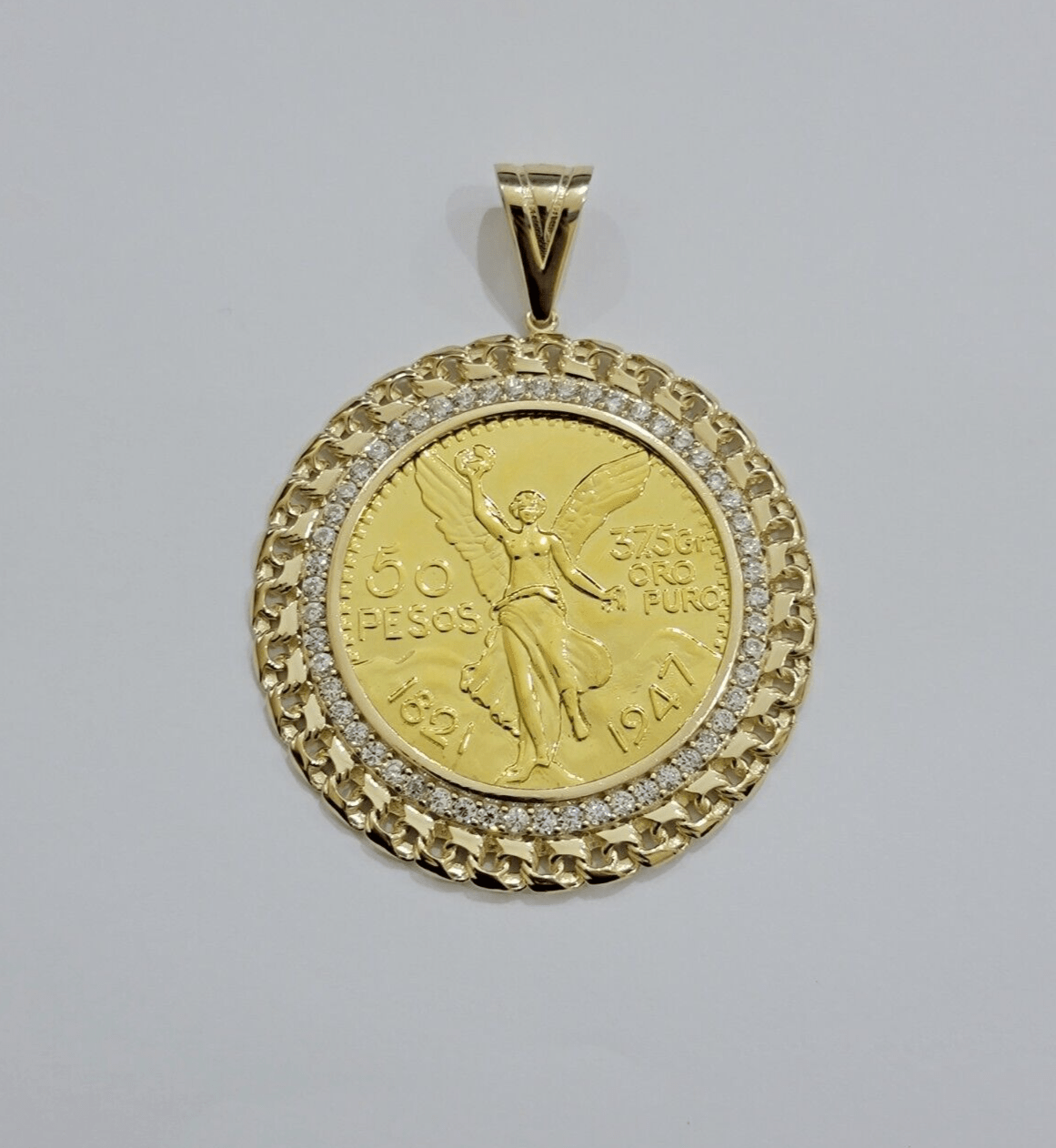 1947 Mexican Centenario Coin Charm Pendant Replica 50 pesos With Bezel 10kt Gold - GoldenlinQ