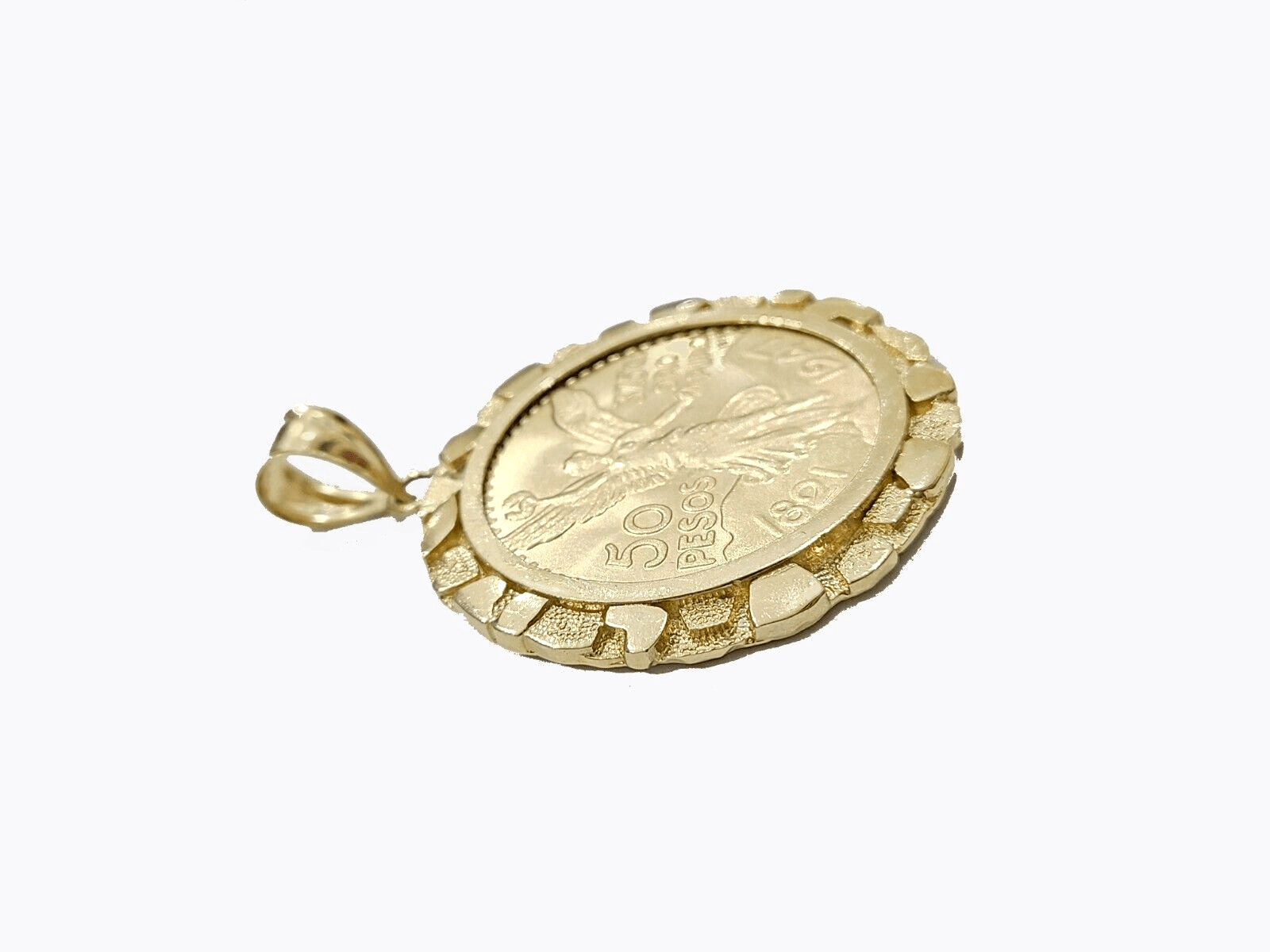 1947 Mexican Centenaro 50 Gold Pesos Copy Coin With Bezel Solid 14k Yellow Gold - GoldenlinQ