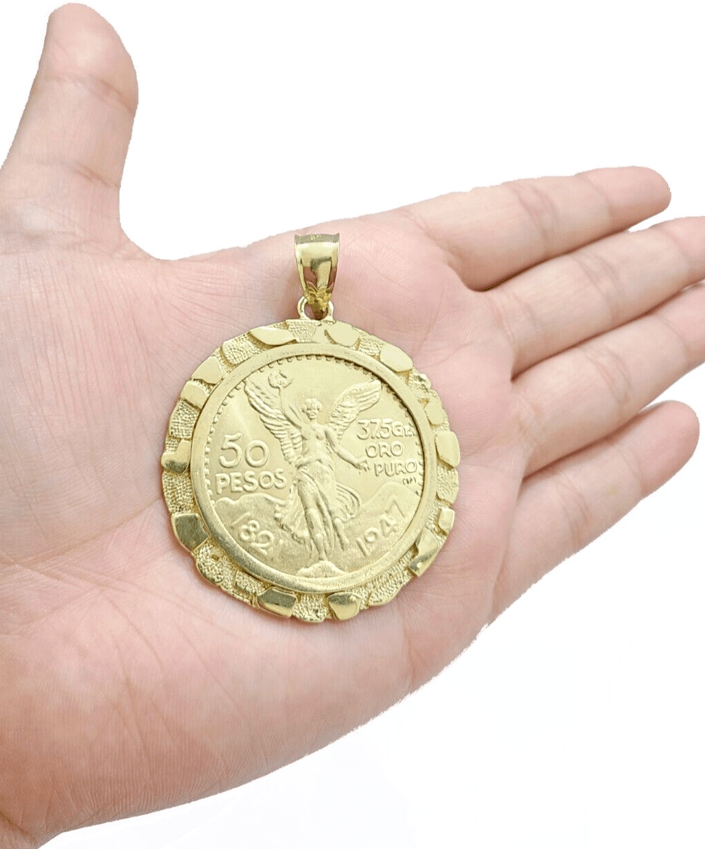 1947 Mexican Centenaro 50 Gold Pesos Copy Coin With Bezel Solid 14k Yellow Gold - GoldenlinQ
