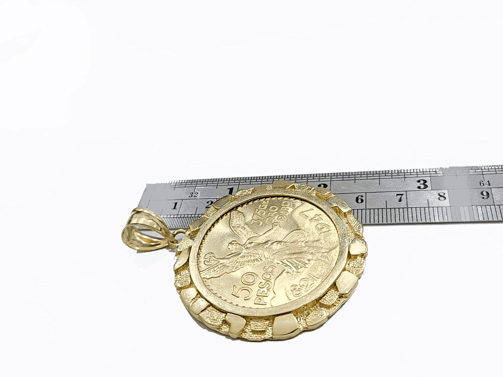 1947 Mexican Centenaro 50 Gold Pesos Copy Coin With Bezel Solid 14k Yellow Gold - GoldenlinQ