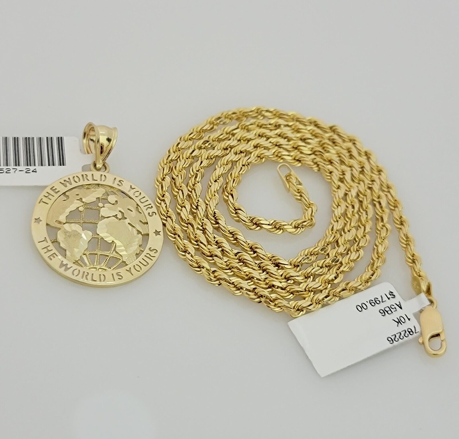 Real 10k Gold Chain Pendant SET World Is Your Charm  Rope Necklace 3mm 26 Inch