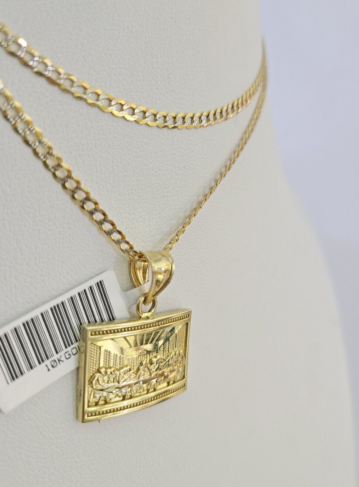 10k Solid Gold Cuban Curb Chain Last Supper Pendant 2mm 18"-24" SET Necklace