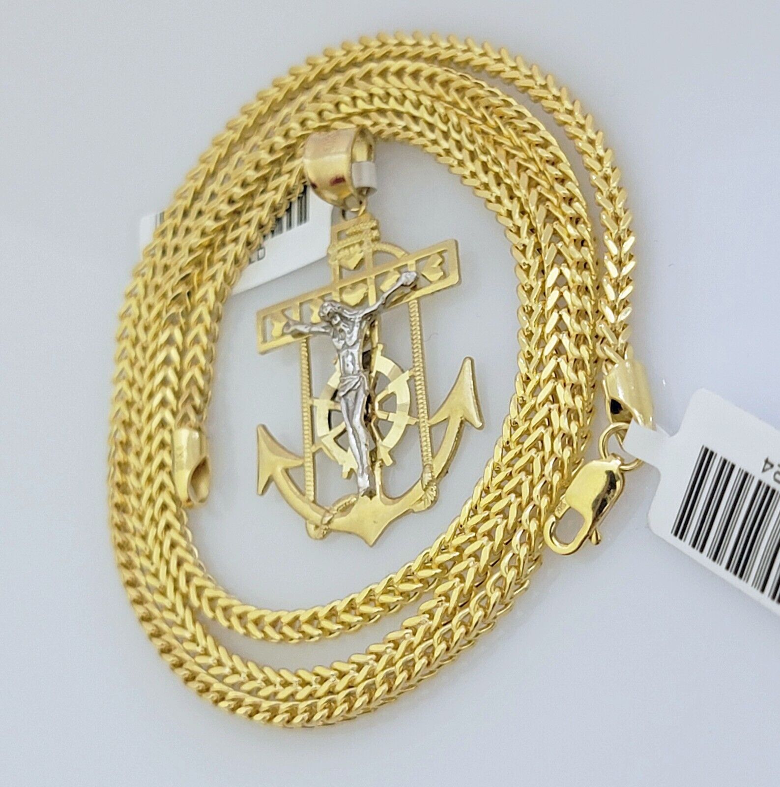 Real 10k Gold Franco Chain Anchor Cross Charm pendant Set 2.5mm Necklace 20 Inch