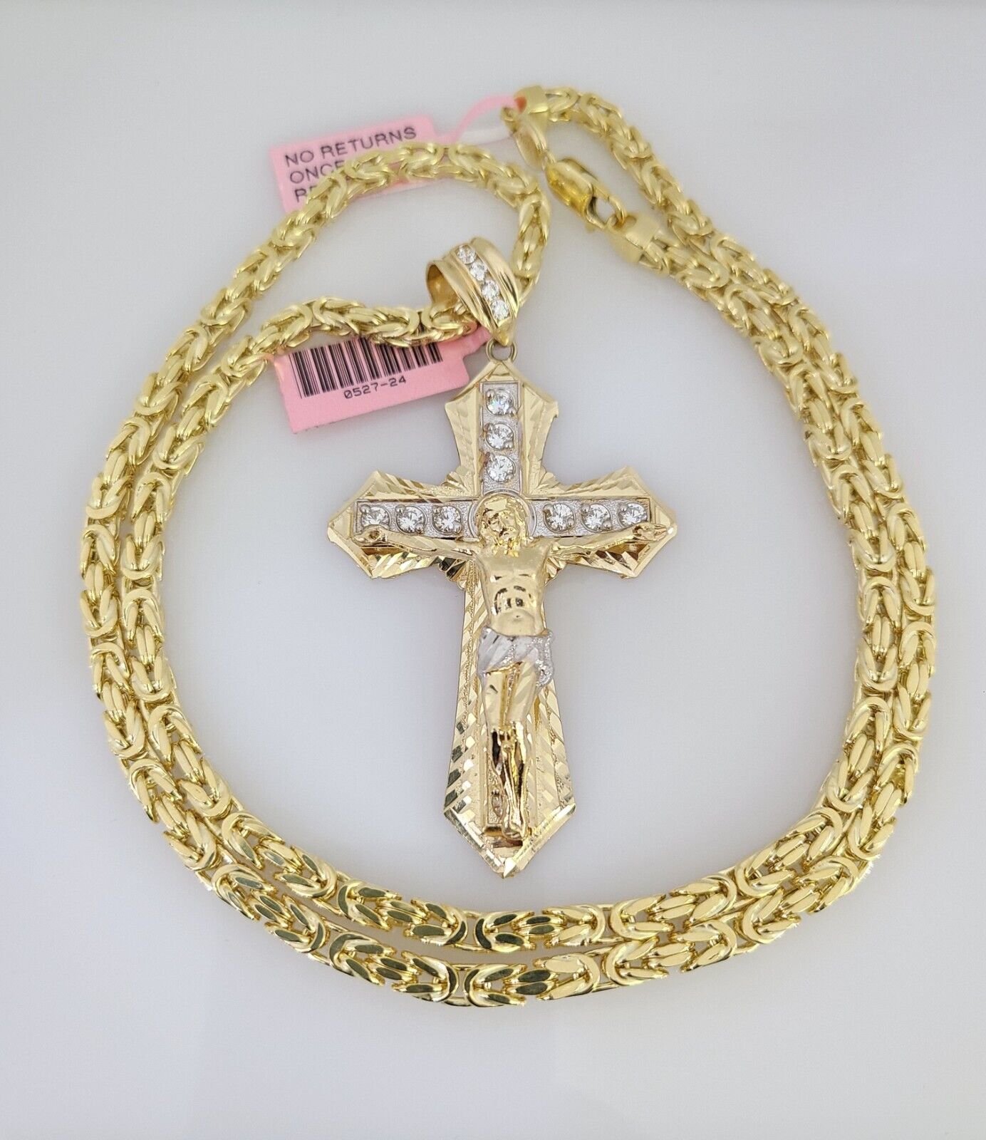 14K Gold Necklace Chain Jesus Crucifix Cross Charm Turkish Byzantine 4mm 24"