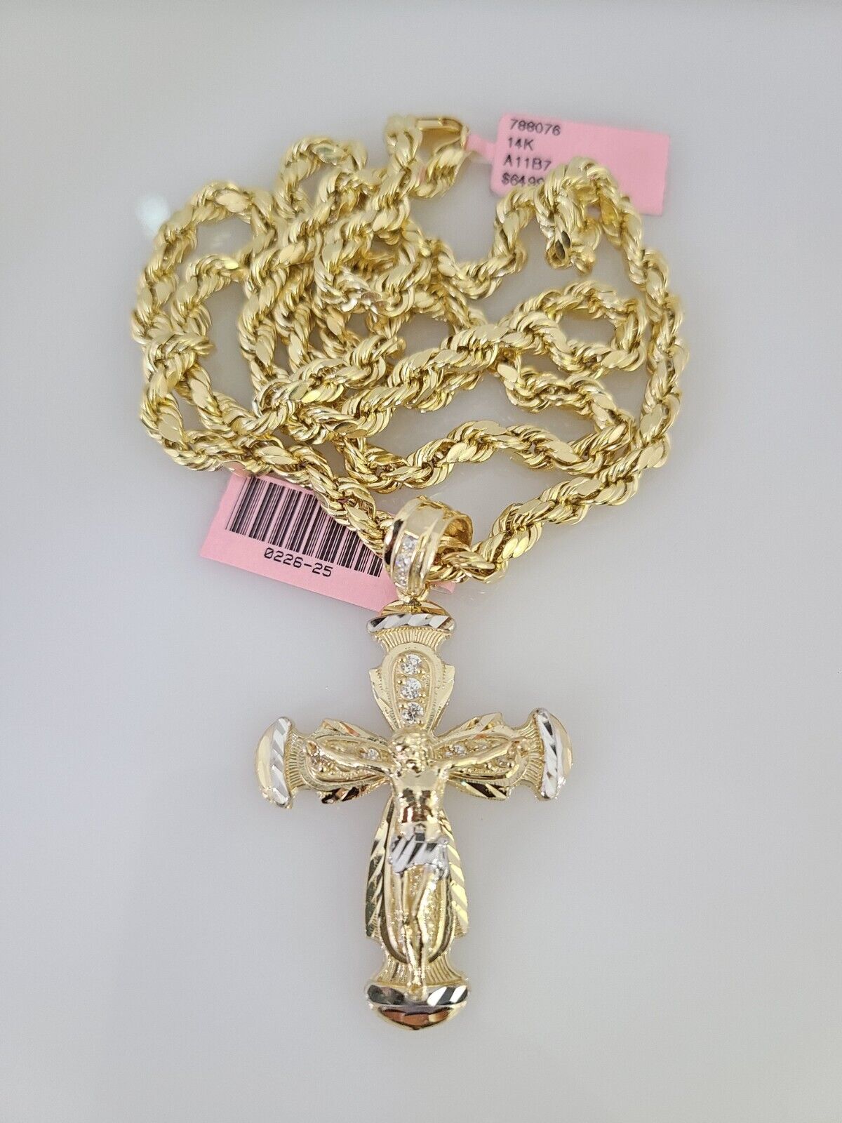 14k Gold Rope Chain Necklace Set 6mm Jesus Cross Charm Pendant 18"-28" inch