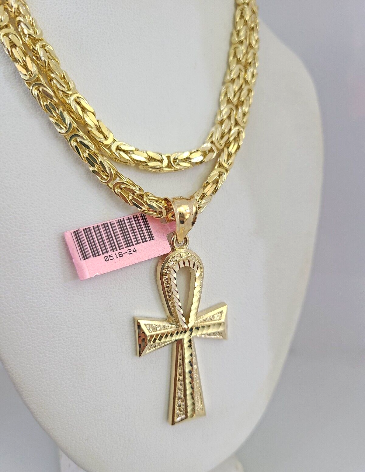 14K Gold Necklace Chain Jesus Ankh Cross Turkish Byzantine 4mm 24" Pendant