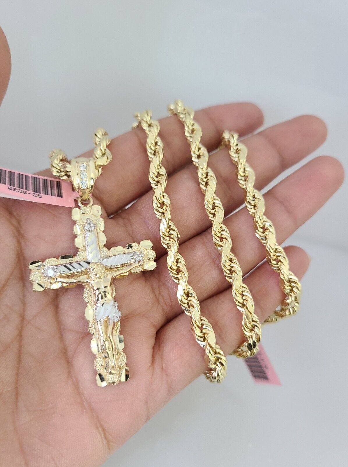 14k Gold Rope Chain Necklace Set 6mm Nugget Cross Charm Pendant 18"-28" inch