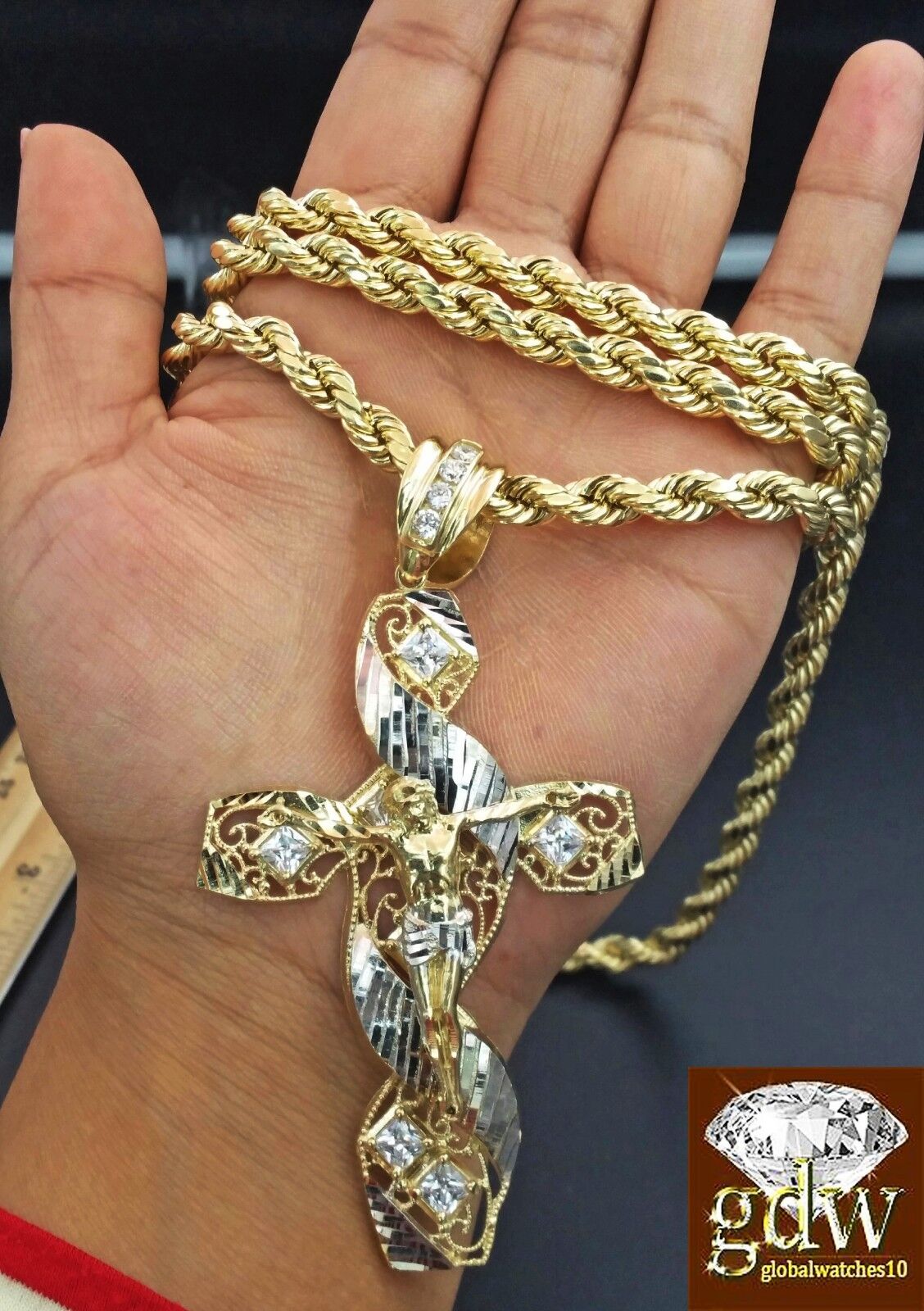 Real 10K Yellow Gold 28" Inch Rope Chain with Jesus Cross Charm Pendant Men