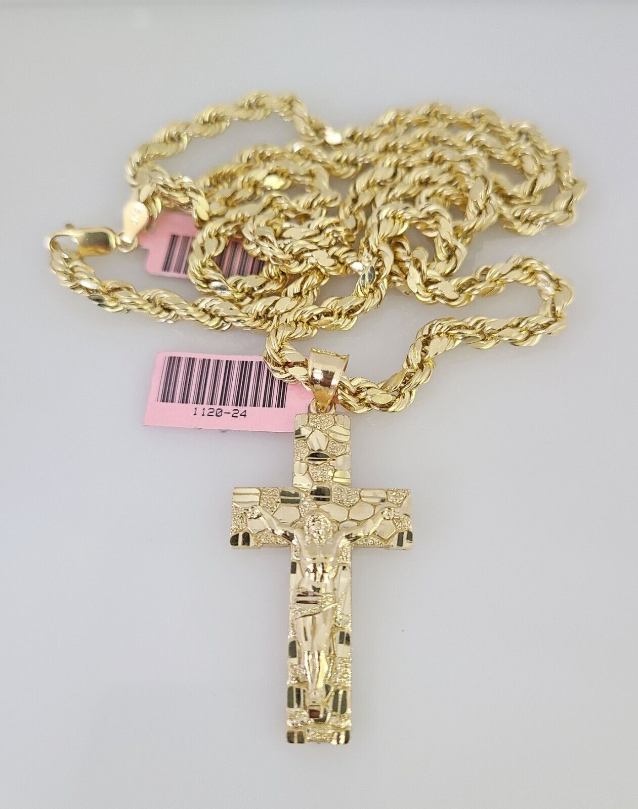 14k Gold Rope Chain Necklace Set 6mm Nugget Cross Charm Pendant 18"-28" inch