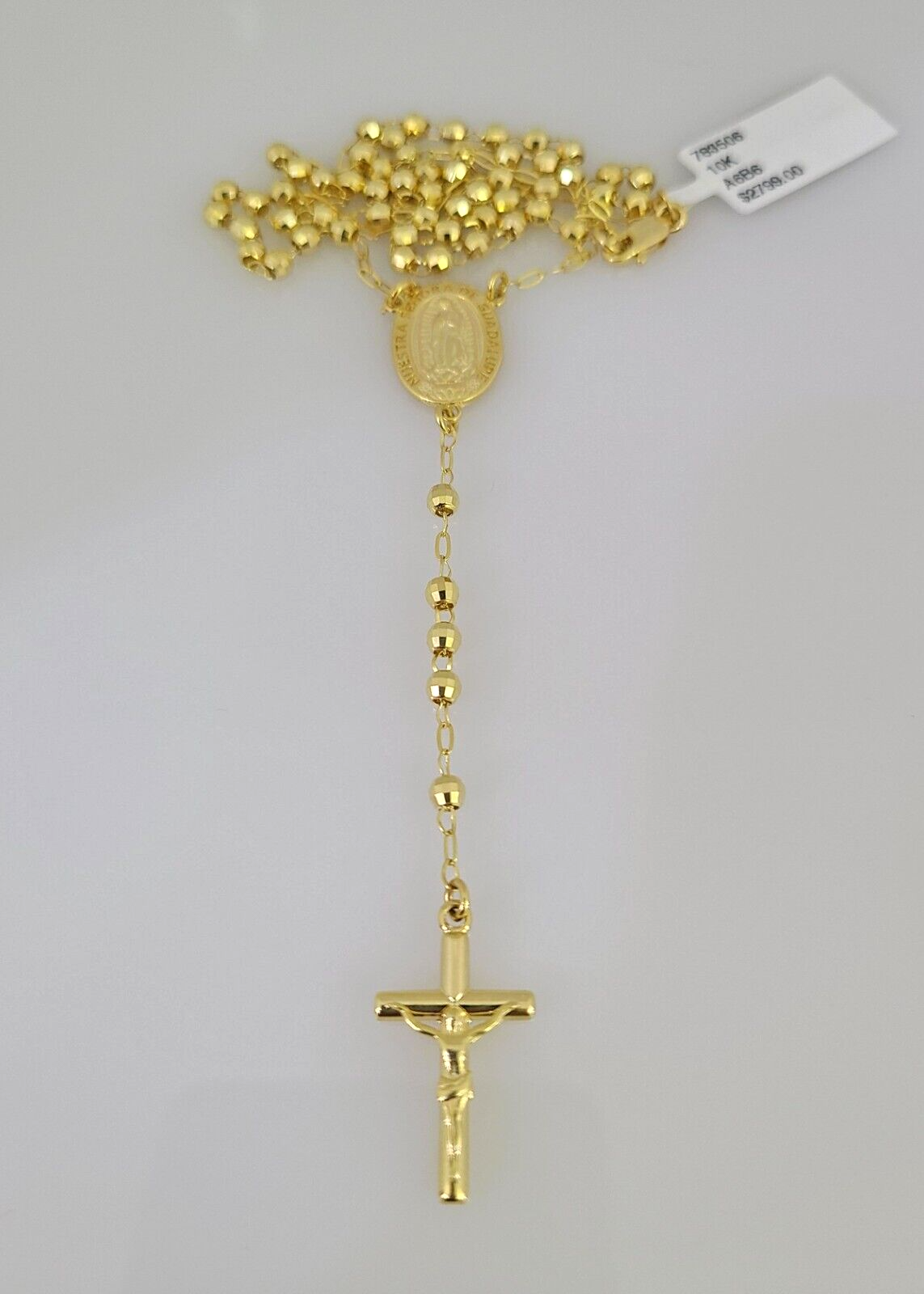 Real 14k Gold Rosary Necklace Jesus Cross Women Diamond Cut Chain 16 INCHES