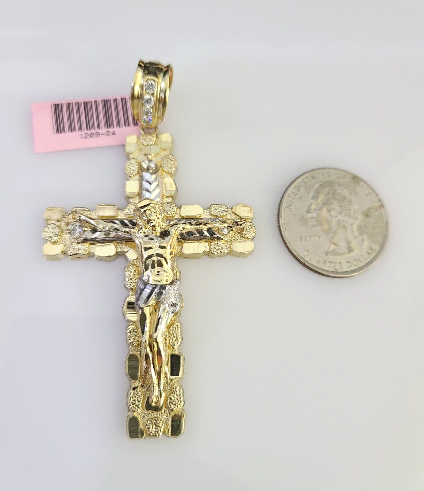 14k Gold Chain Jesus Cross Charm Solid Cuban Curb 10mm 20"-30" SET Necklace