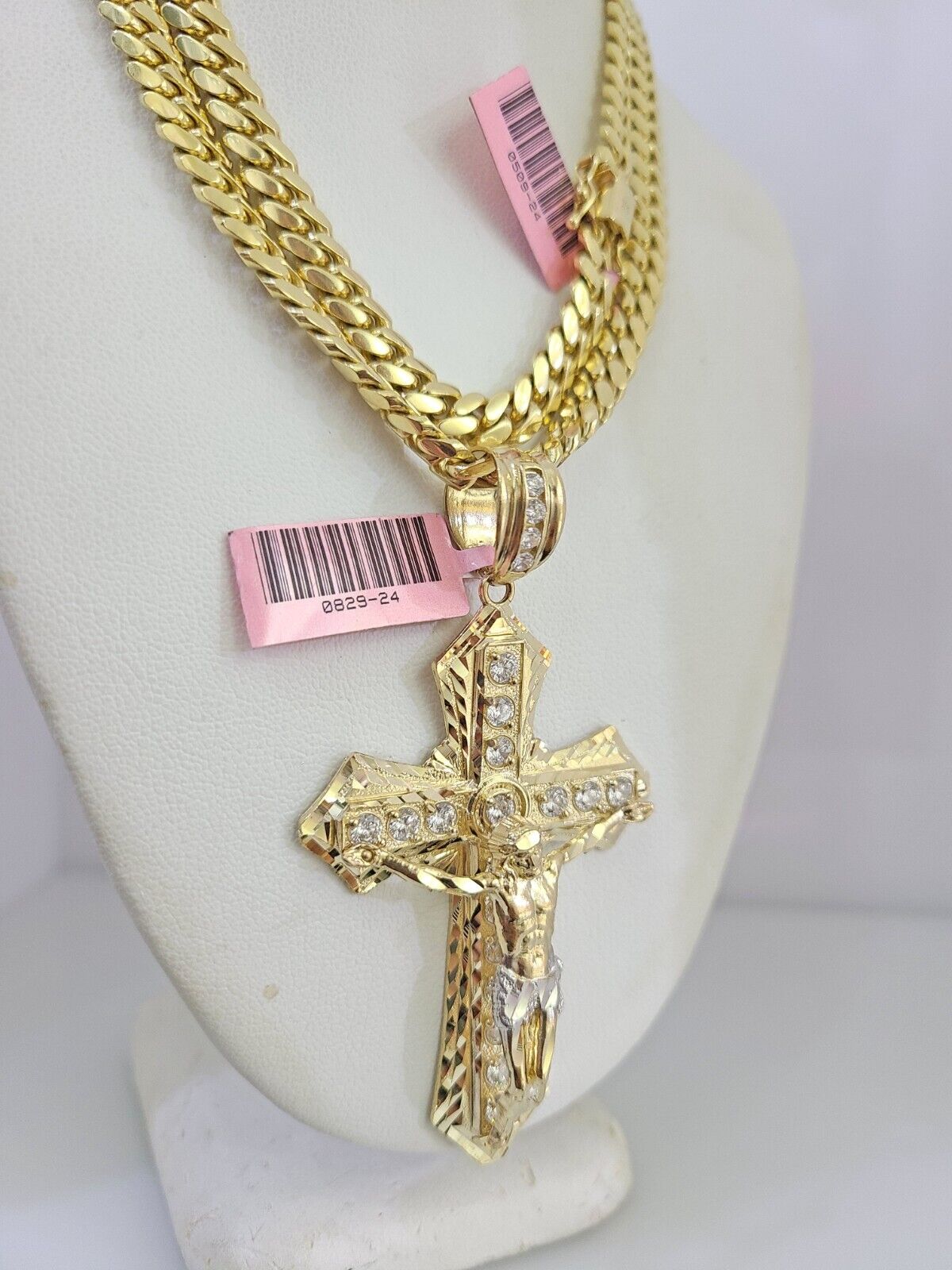 Real 14k Solid Chain Cross Charm Set Miami Cuban Link 6mm Necklace Pendant Gold
