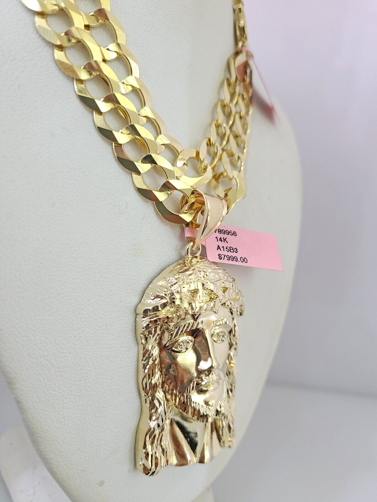 14k Gold Chain Jesus Head Charm Solid Cuban Curb 10mm 20"-30" SET Necklace